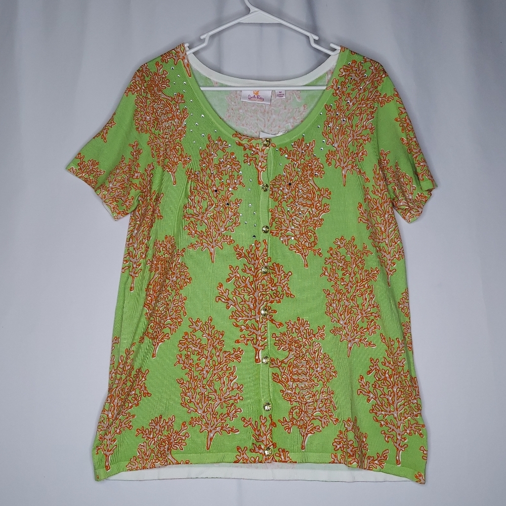 Quacker Factory Short‎ Sleeve Cardigan Sweater Womens Medium Sequin Coral Reef